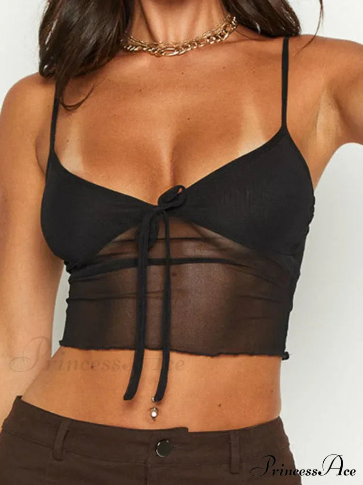 Women See Through Mesh Crop Cami Y2k Ruffle Frill Backless Sleeveless Spaghetti Strap Camisoles Party Tank top image 3