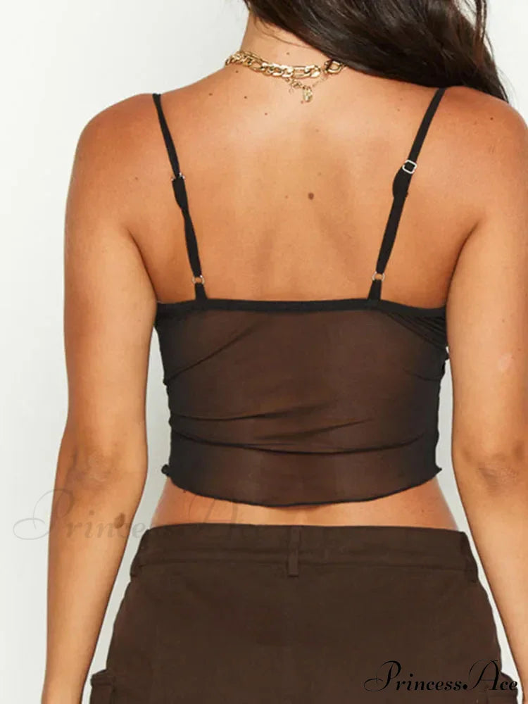 Women See Through Mesh Crop Cami Y2k Ruffle Frill Backless Sleeveless Spaghetti Strap Camisoles Party Tank top image 2