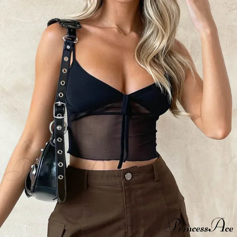 Women See Through Mesh Crop Cami Y2k Ruffle Frill Backless Sleeveless Spaghetti Strap Camisoles Party Tank top image 5