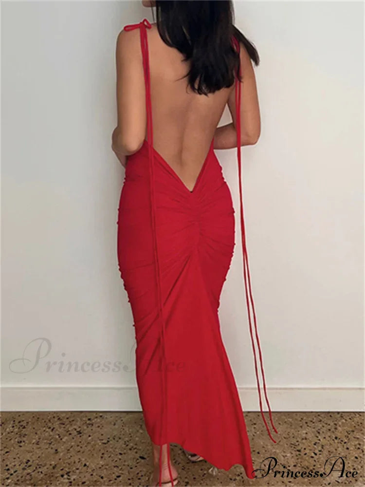Women Sexy Backless Ruched Adjustable Lace-up Strap Slim Elegant Solid Party Female Vestido Clubwear image 3
