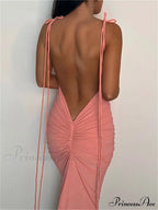 Women Sexy Backless Ruched Adjustable Lace-up Strap Slim Elegant Solid Party Female Vestido Clubwear image 2