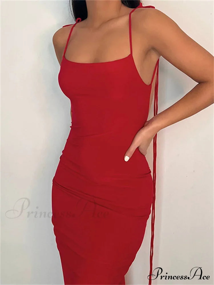 Women Sexy Backless Ruched Adjustable Lace-up Strap Slim Elegant Solid Party Female Vestido Clubwear image 4