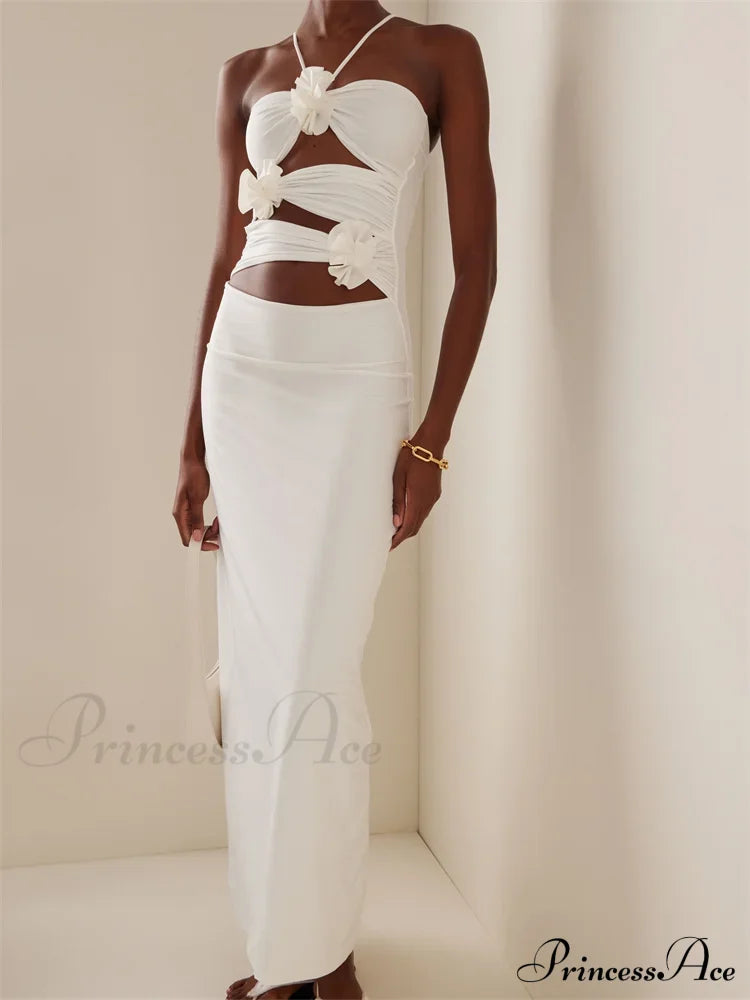 Women Sexy Halter Hollow Out Y2K Off Shoulder Backless Slim 3D Flowers Vestidos Night Party Clubwear image 4