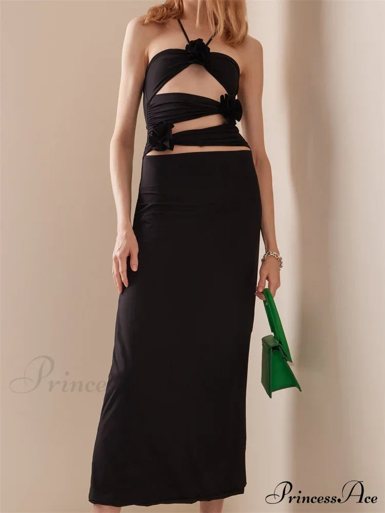 Women Sexy Halter Hollow Out Y2K Off Shoulder Backless Slim 3D Flowers Vestidos Night Party Clubwear image 1
