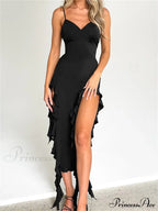 Women Sexy Ruffle Hem Sleeveless Strap Tassels Ruched Bodycon Party V-neck High Split Fairy Vestidos image 5