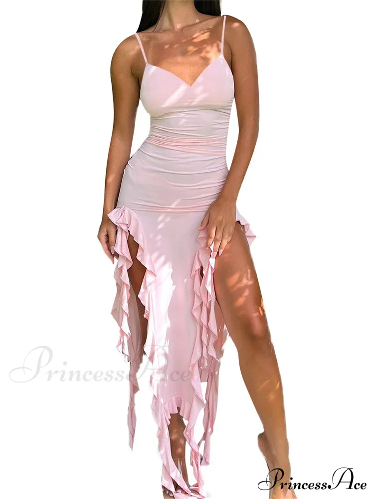 Women Sexy Ruffle Hem Sleeveless Strap Tassels Ruched Bodycon Party V-neck High Split Fairy Vestidos image 3