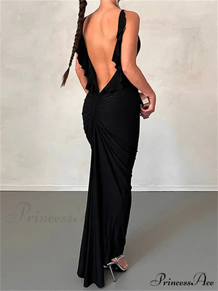 Women Sexy Spaghetti Strap Backless Bodycon V-neck Ruffles Ruched Party Evening Clubwear Vestidos image 4