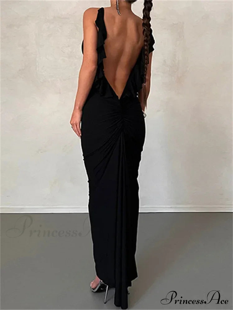 Women Sexy Spaghetti Strap Backless Bodycon V-neck Ruffles Ruched Party Evening Clubwear Vestidos image 3