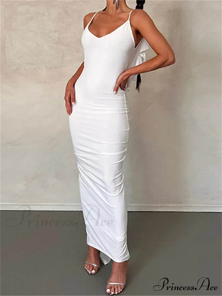 Women Sexy Spaghetti Strap Backless Bodycon V-neck Ruffles Ruched Party Evening Clubwear Vestidos image 5