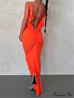 Women Sexy Spaghetti Strap Backless Bodycon V-neck Ruffles Ruched Party Evening Clubwear Vestidos image 1
