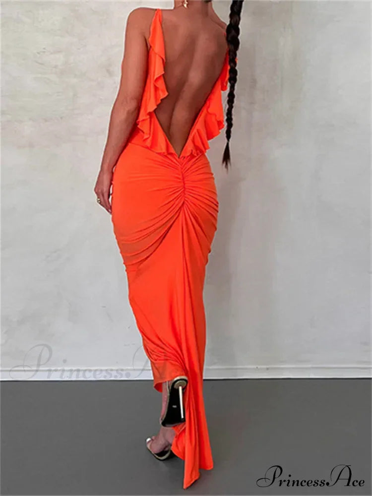 Women Sexy Spaghetti Strap Backless Bodycon V-neck Ruffles Ruched Party Evening Clubwear Vestidos image 1