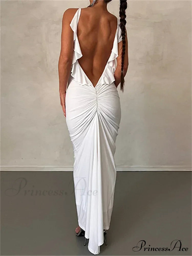 Women Sexy Spaghetti Strap Backless Bodycon V-neck Ruffles Ruched Party Evening Clubwear Vestidos image 9