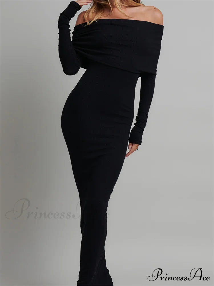 Women Slash Neck Off Shoulder Party Formal Spring Autumn Sleeve Slim Solid Female Vestidos image 4