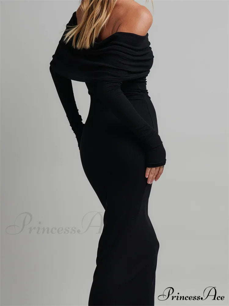 Women Slash Neck Off Shoulder Party Formal Spring Autumn Sleeve Slim Solid Female Vestidos image 3