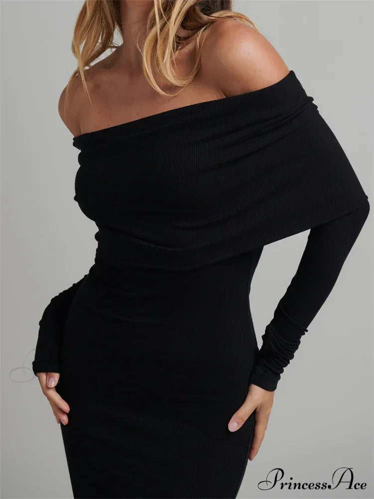 Women Slash Neck Off Shoulder Party Formal Spring Autumn Sleeve Slim Solid Female Vestidos image 2