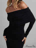 Women Slash Neck Off Shoulder Party Formal Spring Autumn Sleeve Slim Solid Female Vestidos image 2