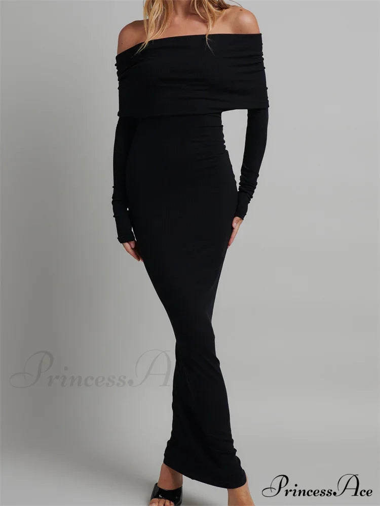 Women Slash Neck Off Shoulder Party Formal Spring Autumn Sleeve Slim Solid Female Vestidos image 5