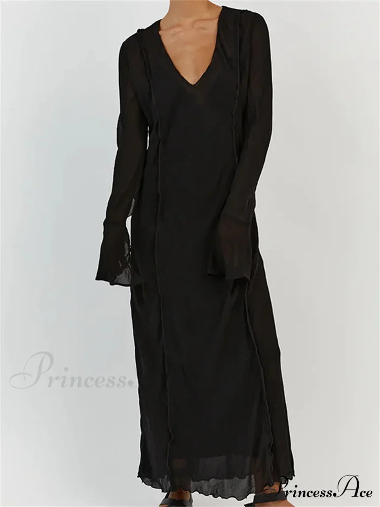 Women Sleeve Loose Casual V Neck Mesh See Through Party Beach Cocktail Club Vestidos Streetwear image 4