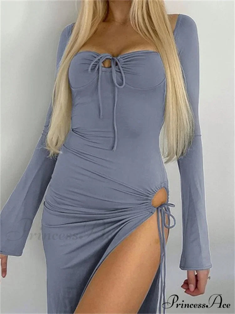 Women Sleeve Low-cut Tie-up Solid Color Slim Fit Cocktail Party High Split Female Vestidos image 1