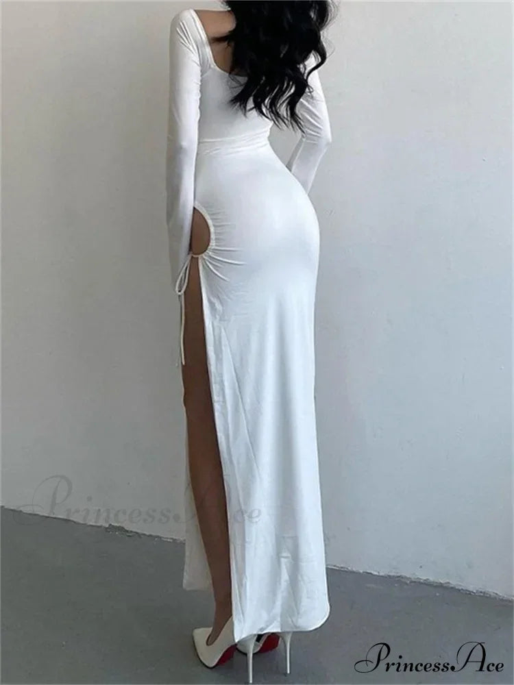 Women Sleeve Low-cut Tie-up Solid Color Slim Fit Cocktail Party High Split Female Vestidos image 4