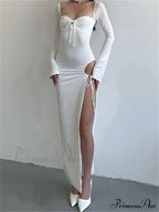 Women Sleeve Low-cut Tie-up Solid Color Slim Fit Cocktail Party High Split Female Vestidos image 5