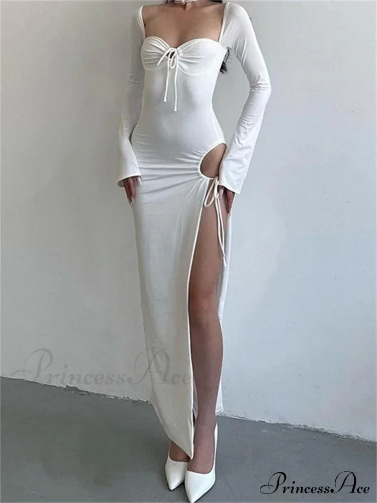 Women Sleeve Low-cut Tie-up Solid Color Slim Fit Cocktail Party High Split Female Vestidos image 5