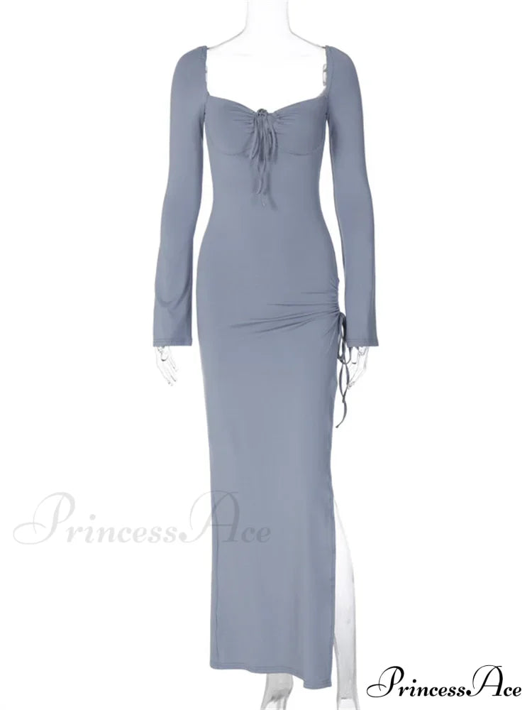 Women Sleeve Low-cut Tie-up Solid Color Slim Fit Cocktail Party High Split Female Vestidos image 3