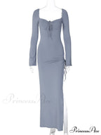Women Sleeve Low-cut Tie-up Solid Color Slim Fit Cocktail Party High Split Female Vestidos image 3