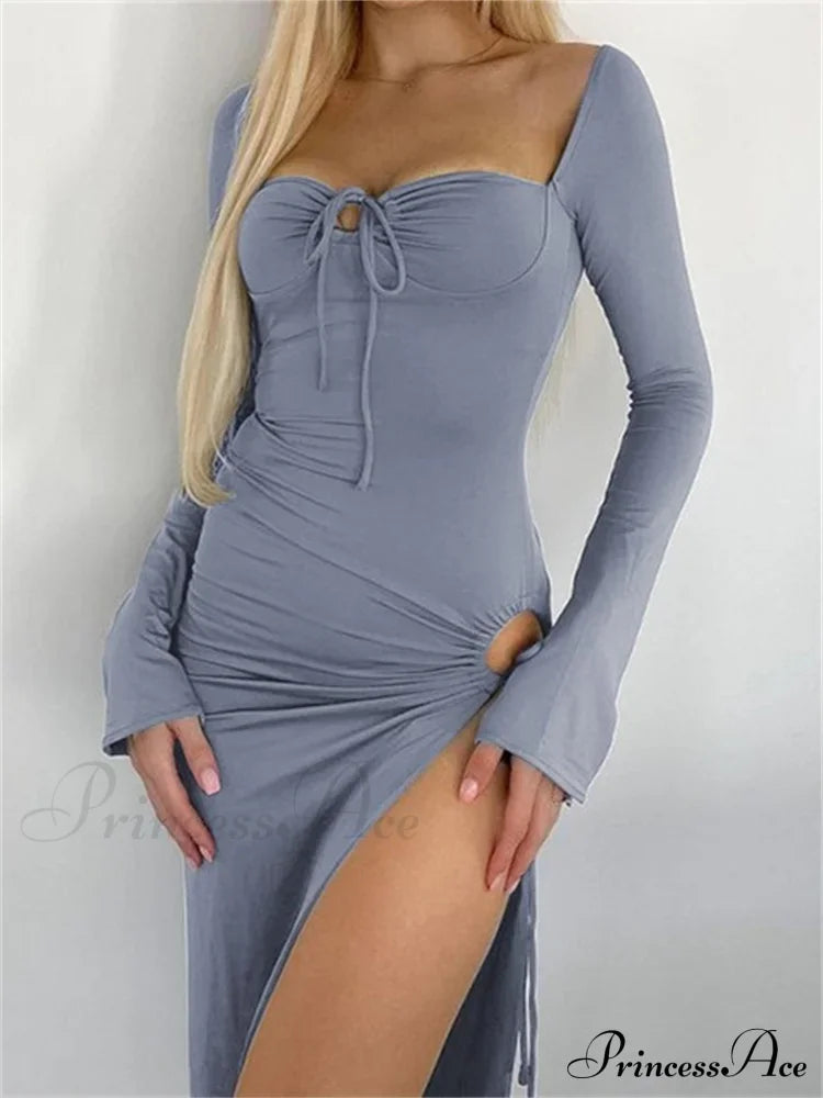 Women Sleeve Low-cut Tie-up Solid Color Slim Fit Cocktail Party High Split Female Vestidos image 8