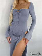 Women Sleeve Low-cut Tie-up Solid Color Slim Fit Cocktail Party High Split Female Vestidos image 8