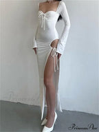 Women Sleeve Low-cut Tie-up Solid Color Slim Fit Cocktail Party High Split Female Vestidos image 9