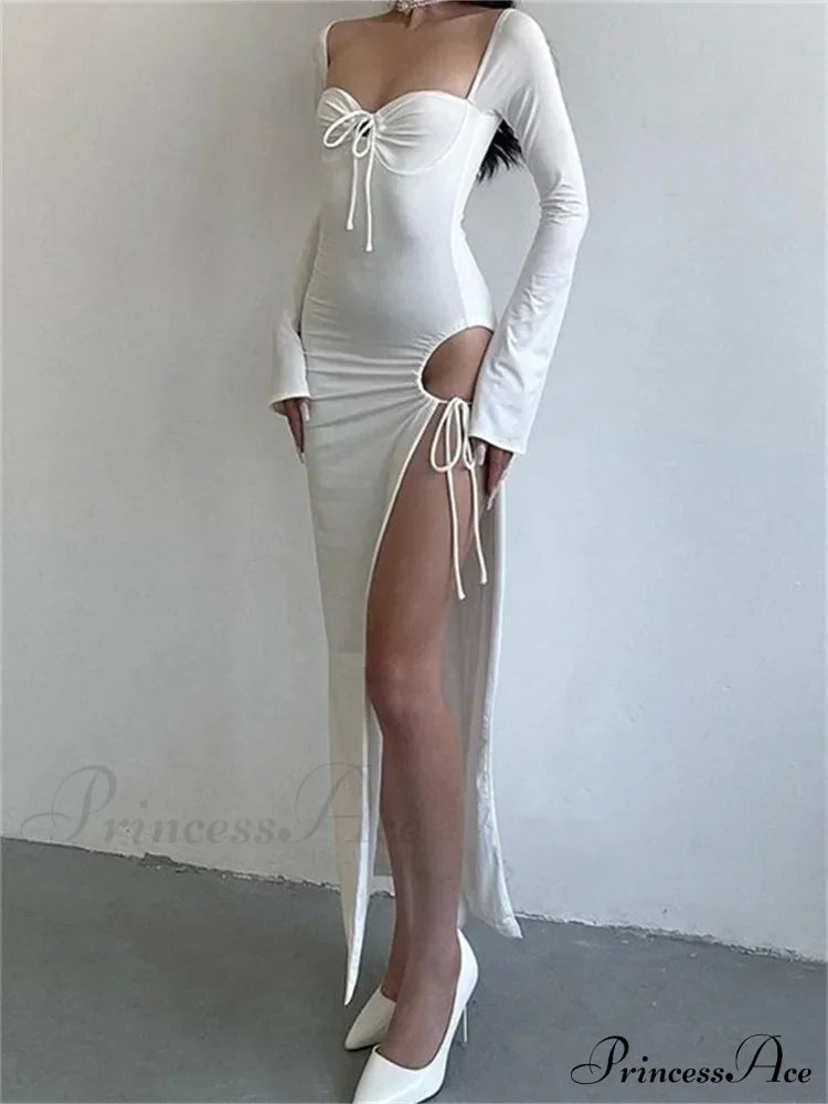 Women Sleeve Low-cut Tie-up Solid Color Slim Fit Cocktail Party High Split Female Vestidos image 9