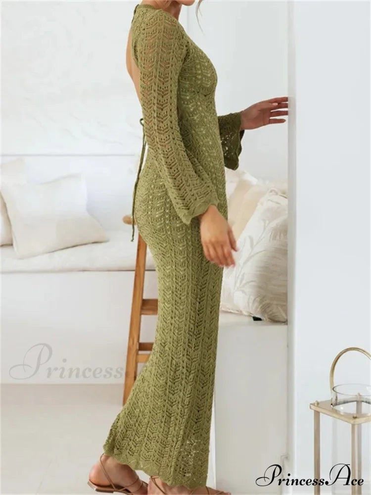 Women Sleeve Round Neck Backless Tie-up Hollow Out Cocktail Spring Autumn Female Vestidos image 5
