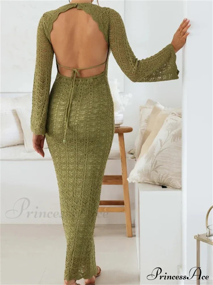 Women Sleeve Round Neck Backless Tie-up Hollow Out Cocktail Spring Autumn Female Vestidos image 4