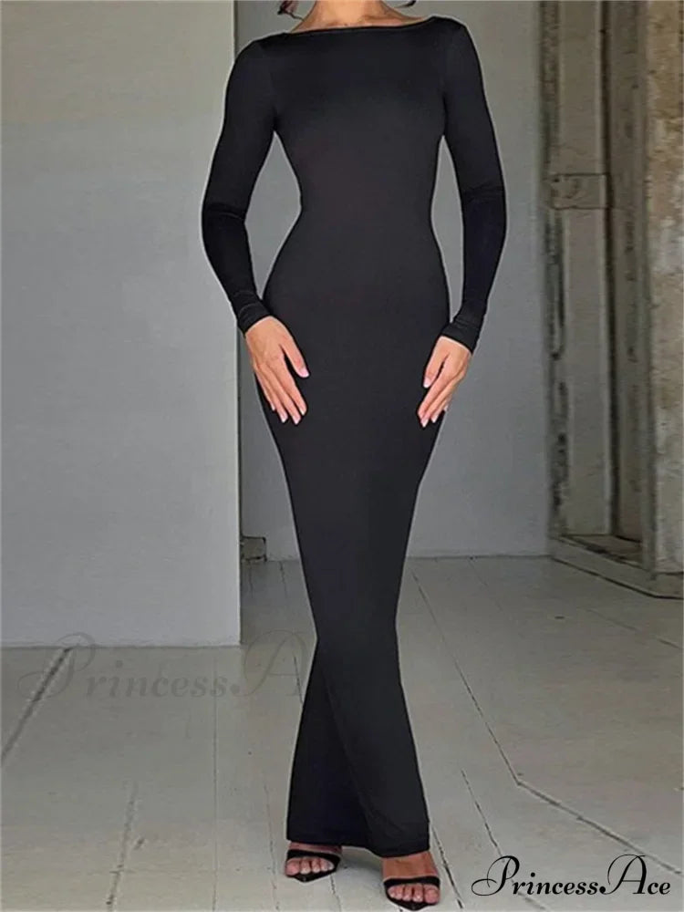 Women Sleeve Solid Color Round Neck Backless Ruched Spring Summer Party Female Vestidos image 1