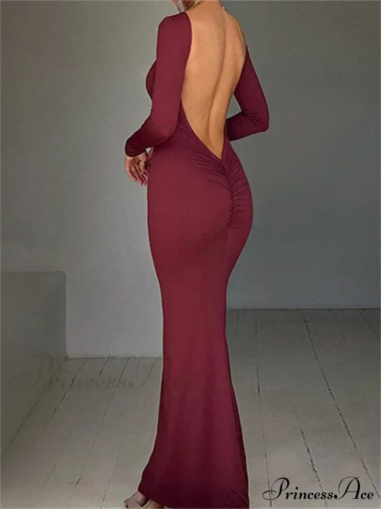 Women Sleeve Solid Color Round Neck Backless Ruched Spring Summer Party Female Vestidos image 6