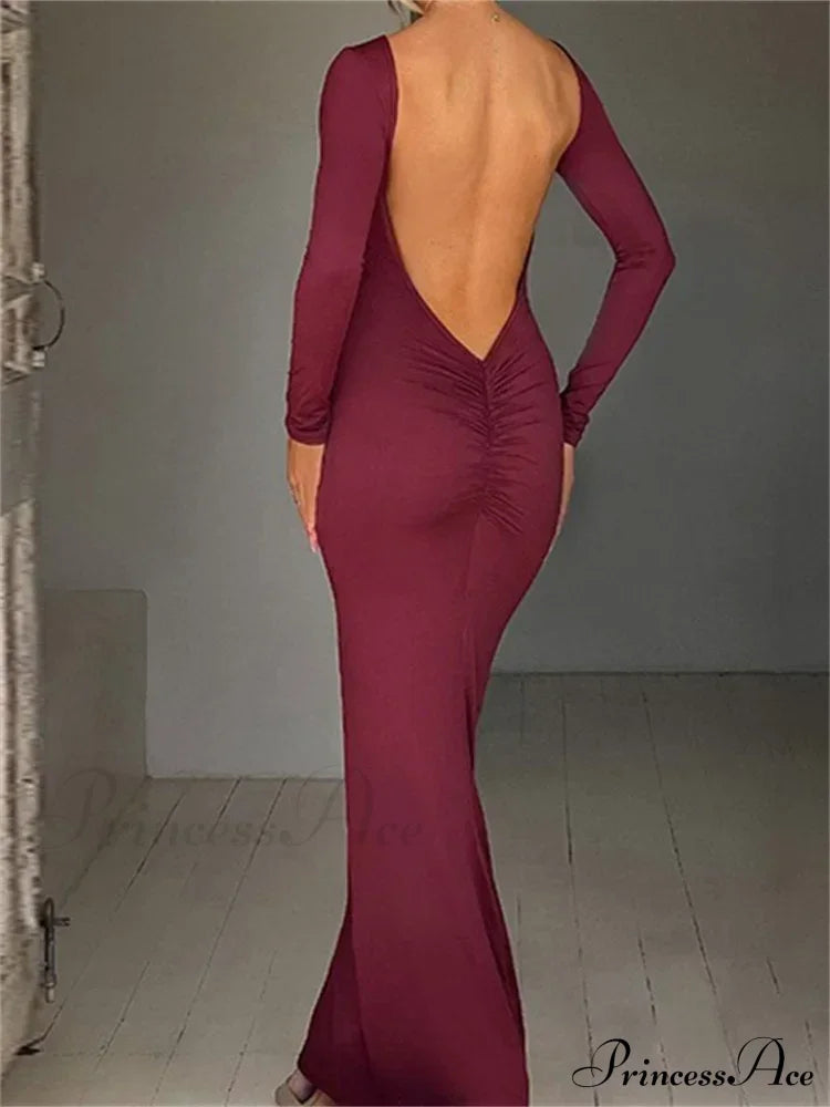 Women Sleeve Solid Color Round Neck Backless Ruched Spring Summer Party Female Vestidos image 5