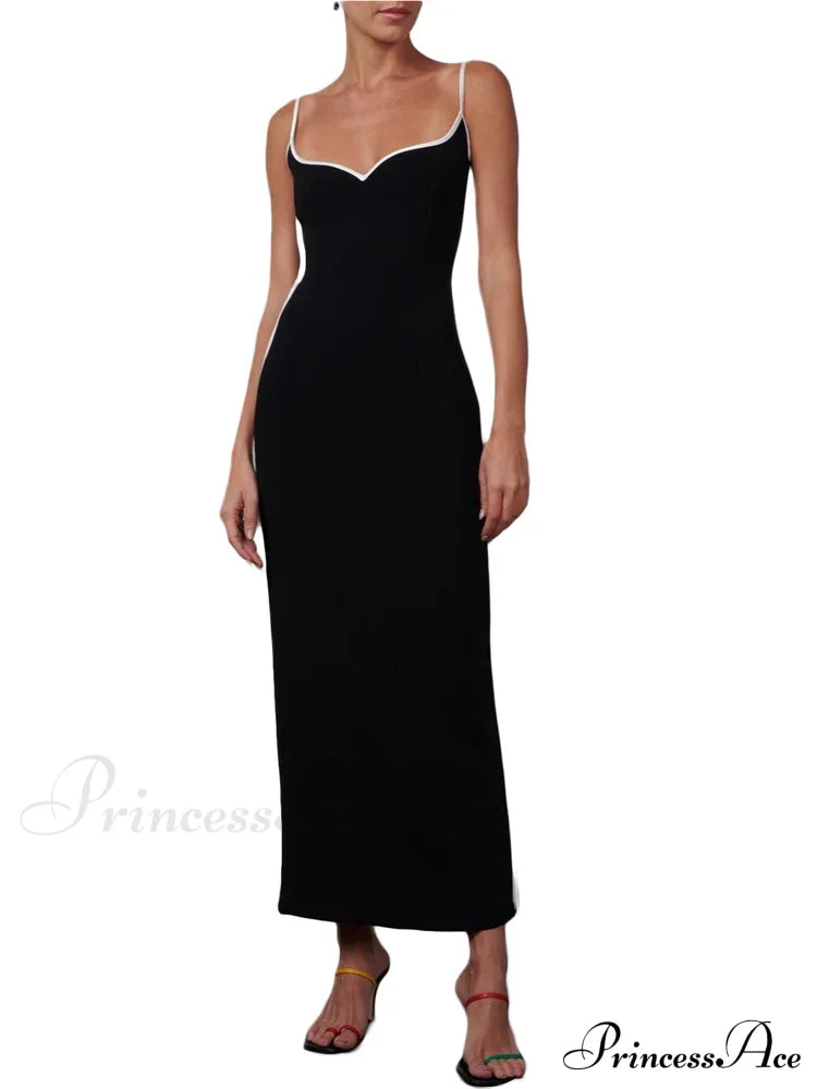 Women Sleeveless Strap Black Patchwork V-neck Low Cut Slim Summer Party Back Split Female Vestidos image 5
