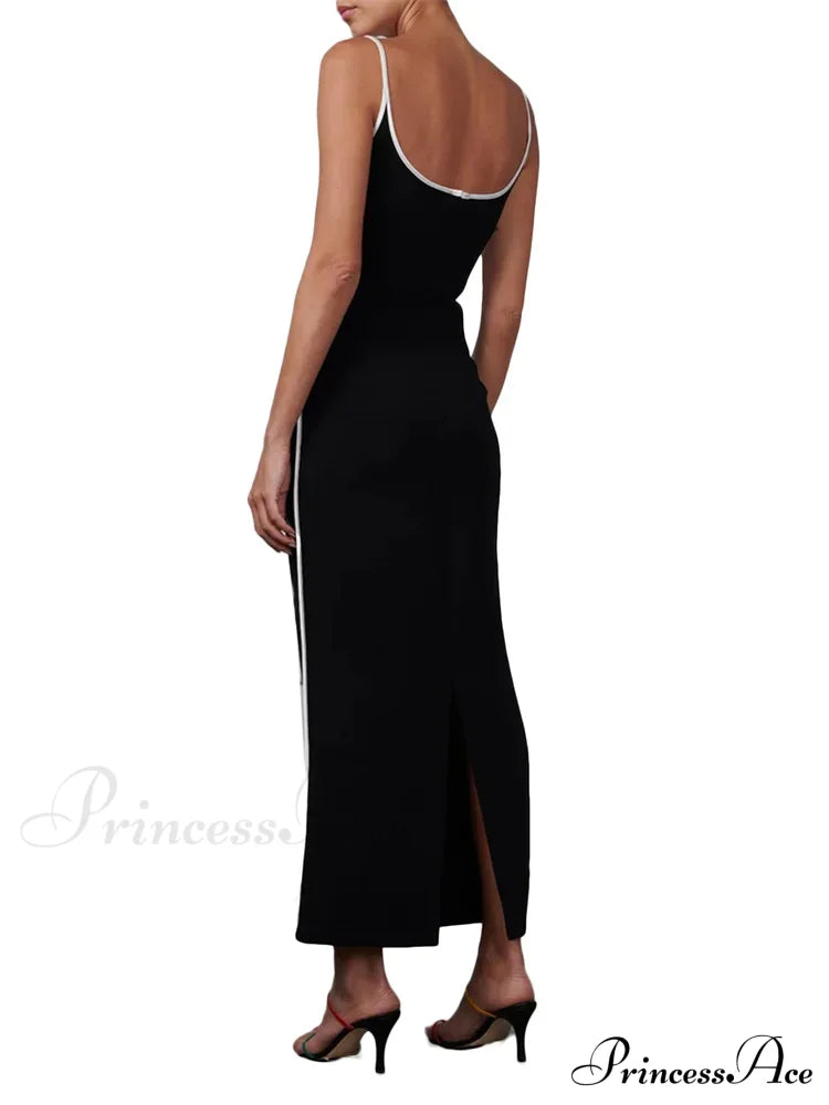 Women Sleeveless Strap Black Patchwork V-neck Low Cut Slim Summer Party Back Split Female Vestidos image 6