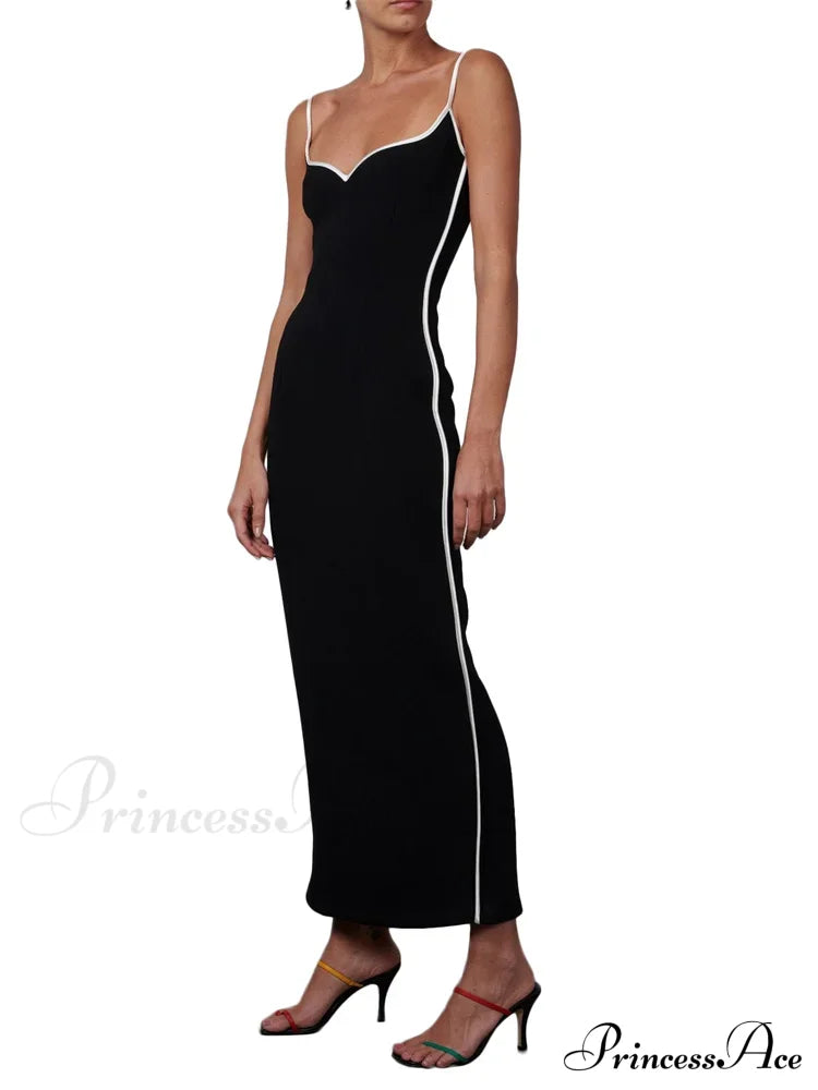 Women Sleeveless Strap Black Patchwork V-neck Low Cut Slim Summer Party Back Split Female Vestidos image 4