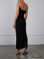 Women Sleeveless Strap Black Patchwork V-neck Low Cut Slim Summer Party Back Split Female Vestidos image 3