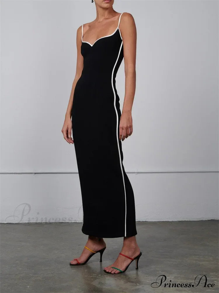 Women Sleeveless Strap Black Patchwork V-neck Low Cut Slim Summer Party Back Split Female Vestidos image 2