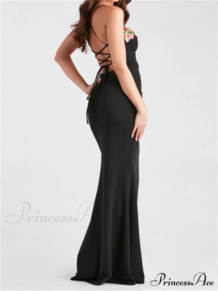 Women Slim Sling High Split Flower Embroidery Sleeveless Spaghetti Strap Summer Party Club Vestidos image 2