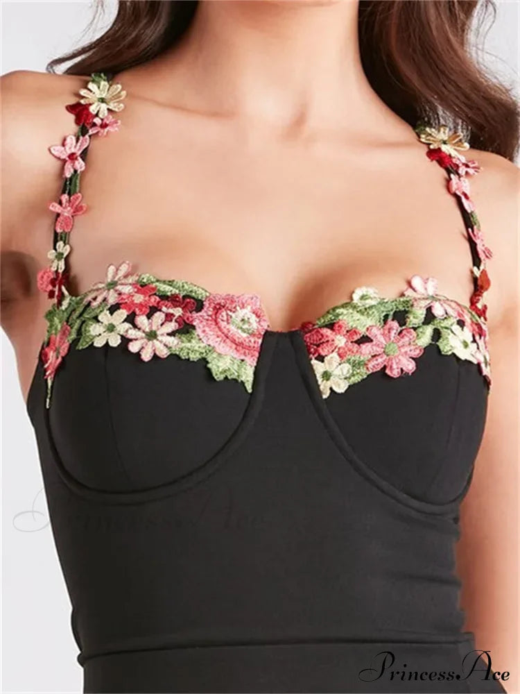 Women Slim Sling High Split Flower Embroidery Sleeveless Spaghetti Strap Summer Party Club Vestidos image 4