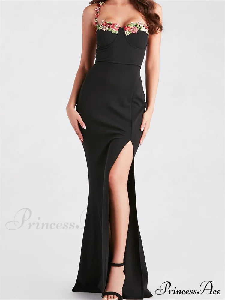 Women Slim Sling High Split Flower Embroidery Sleeveless Spaghetti Strap Summer Party Club Vestidos image 5