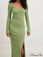 Women Spring Fall Knitted Elegant Sleeve Round Neck Solid High Split Female Vestidos Streetwear image 3