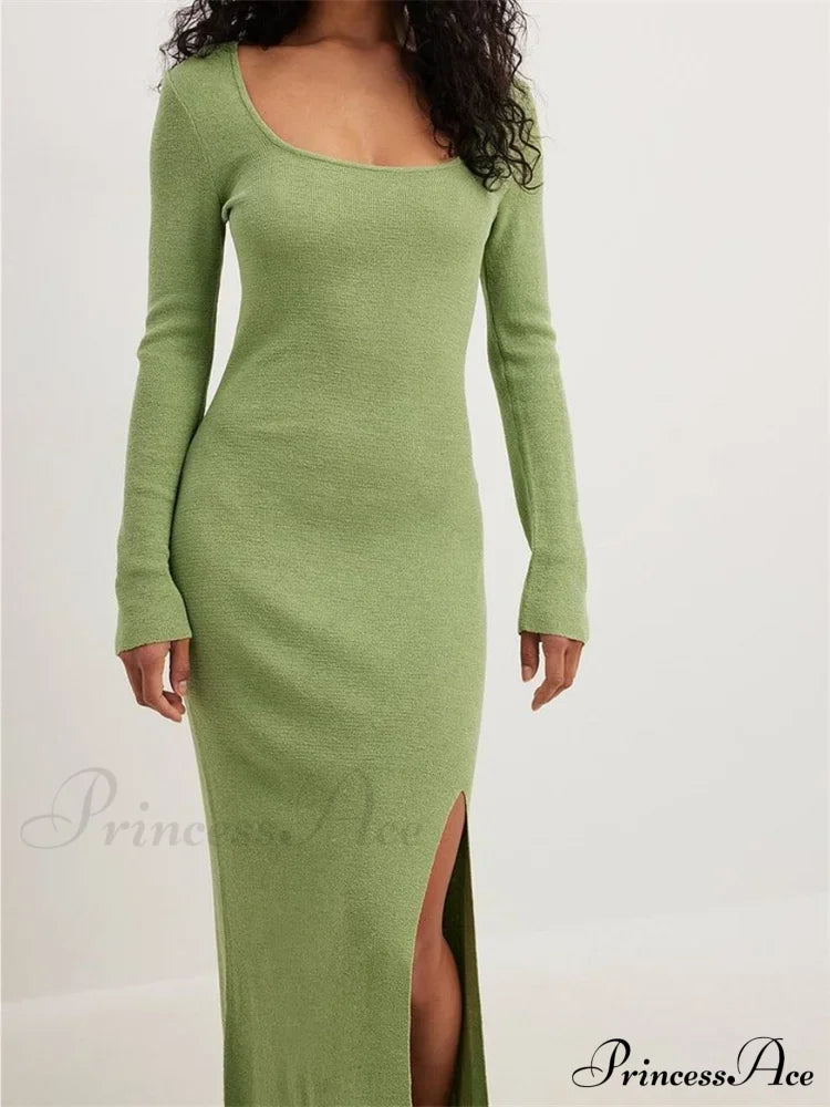 Women Spring Fall Knitted Elegant Sleeve Round Neck Solid High Split Female Vestidos Streetwear image 3