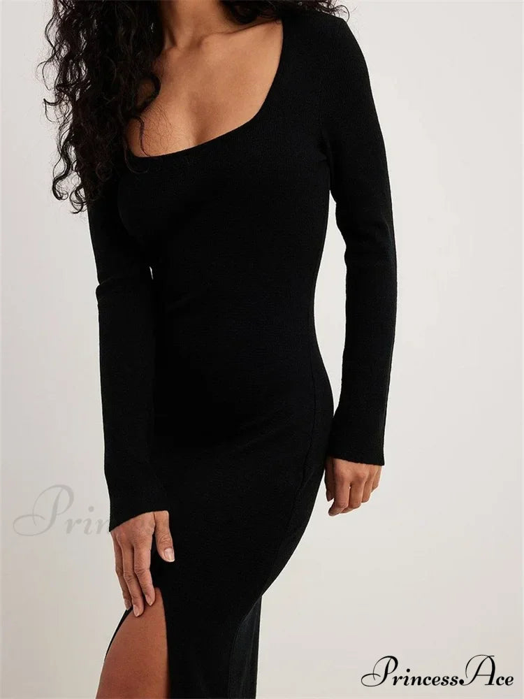 Women Spring Fall Knitted Elegant Sleeve Round Neck Solid High Split Female Vestidos Streetwear image 5