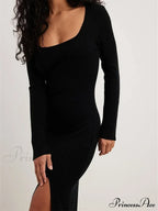 Women Spring Fall Knitted Elegant Sleeve Round Neck Solid High Split Female Vestidos Streetwear image 5