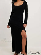 Women Spring Fall Knitted Elegant Sleeve Round Neck Solid High Split Female Vestidos Streetwear image 4